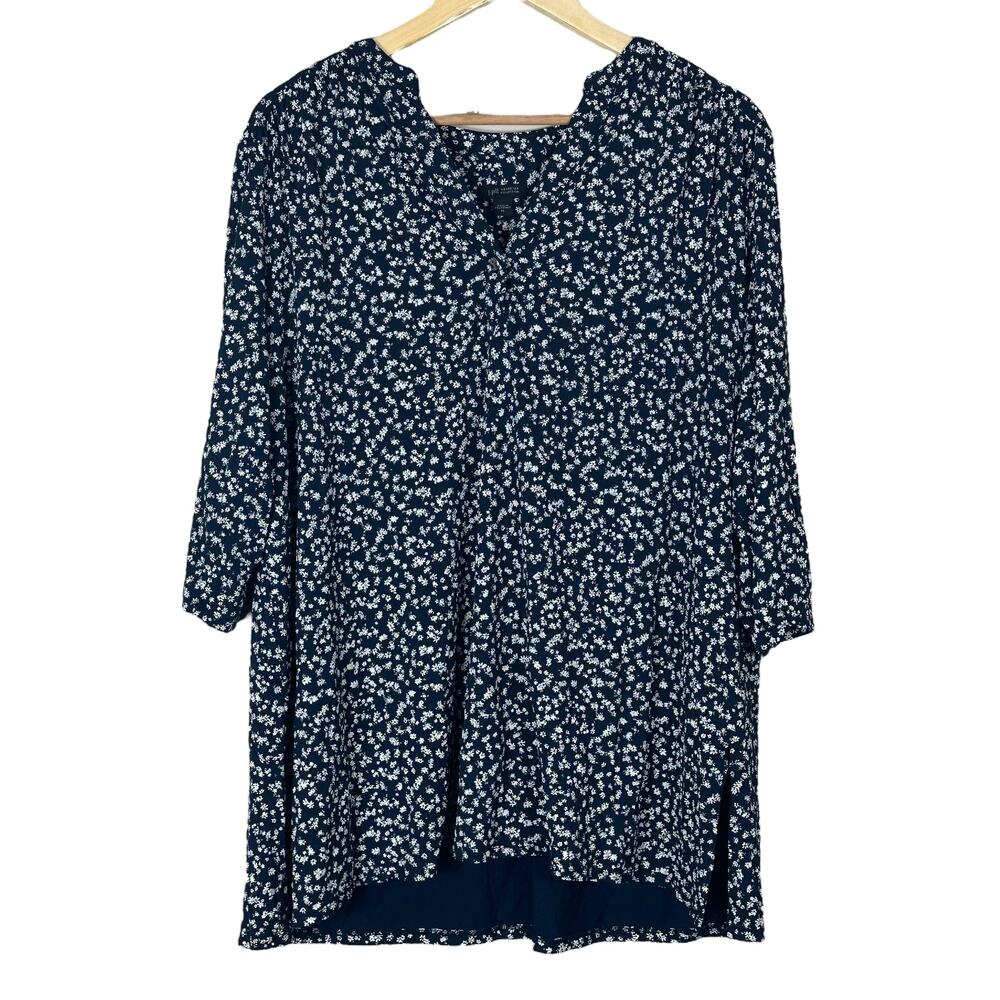 J. Jill Tunic Top Womens XL Navy Blue Floral 3/4 Sleeve Boho Grandmacore Cottage